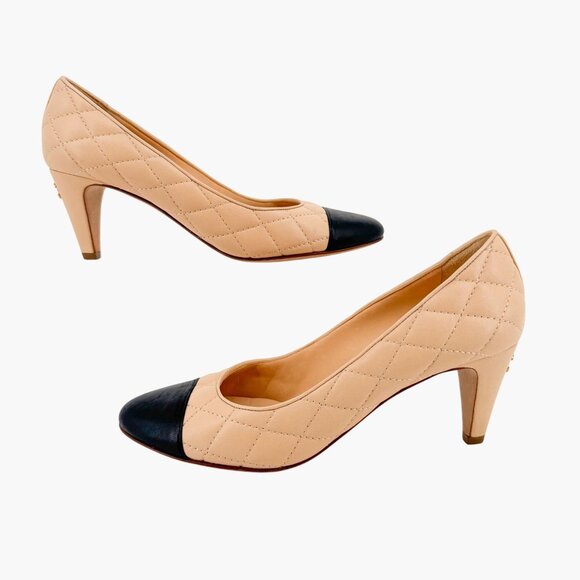 Chanel Quilted Cap Toe CC Pumps Size 36.5 US 5.5-6 Beige Black Low Heel Leather - Picture 8 of 14